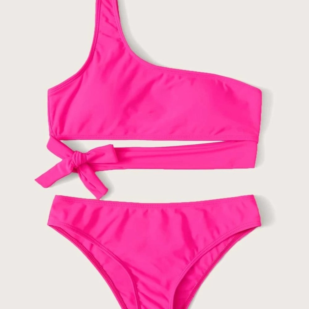 SHEIN Neon Pink Tie Front One Shoulder Bikini Swimsuit